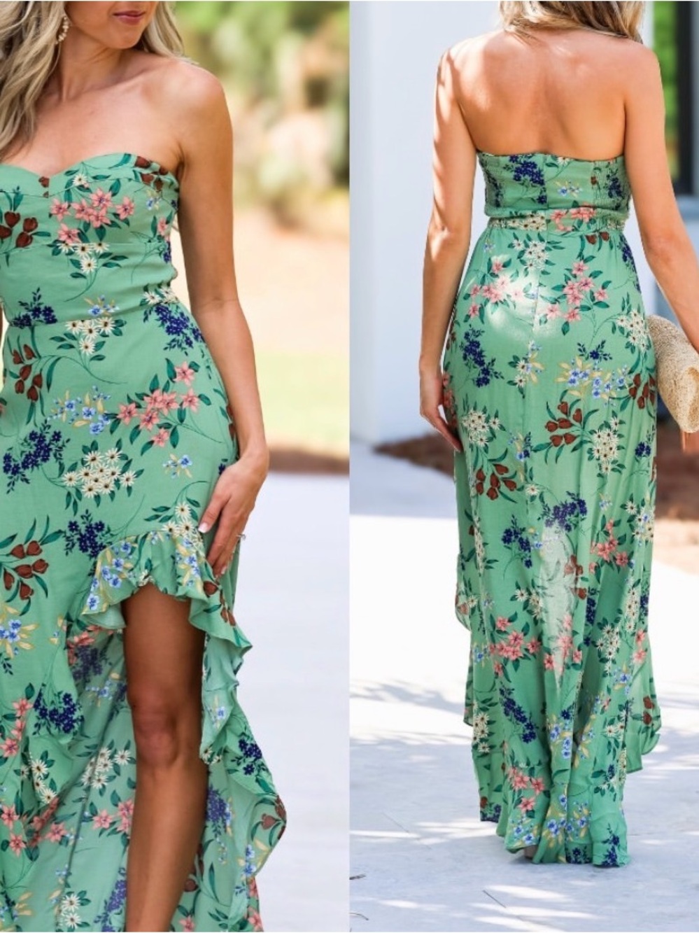 Strapless Green Floral Ruffle Maxi Dress